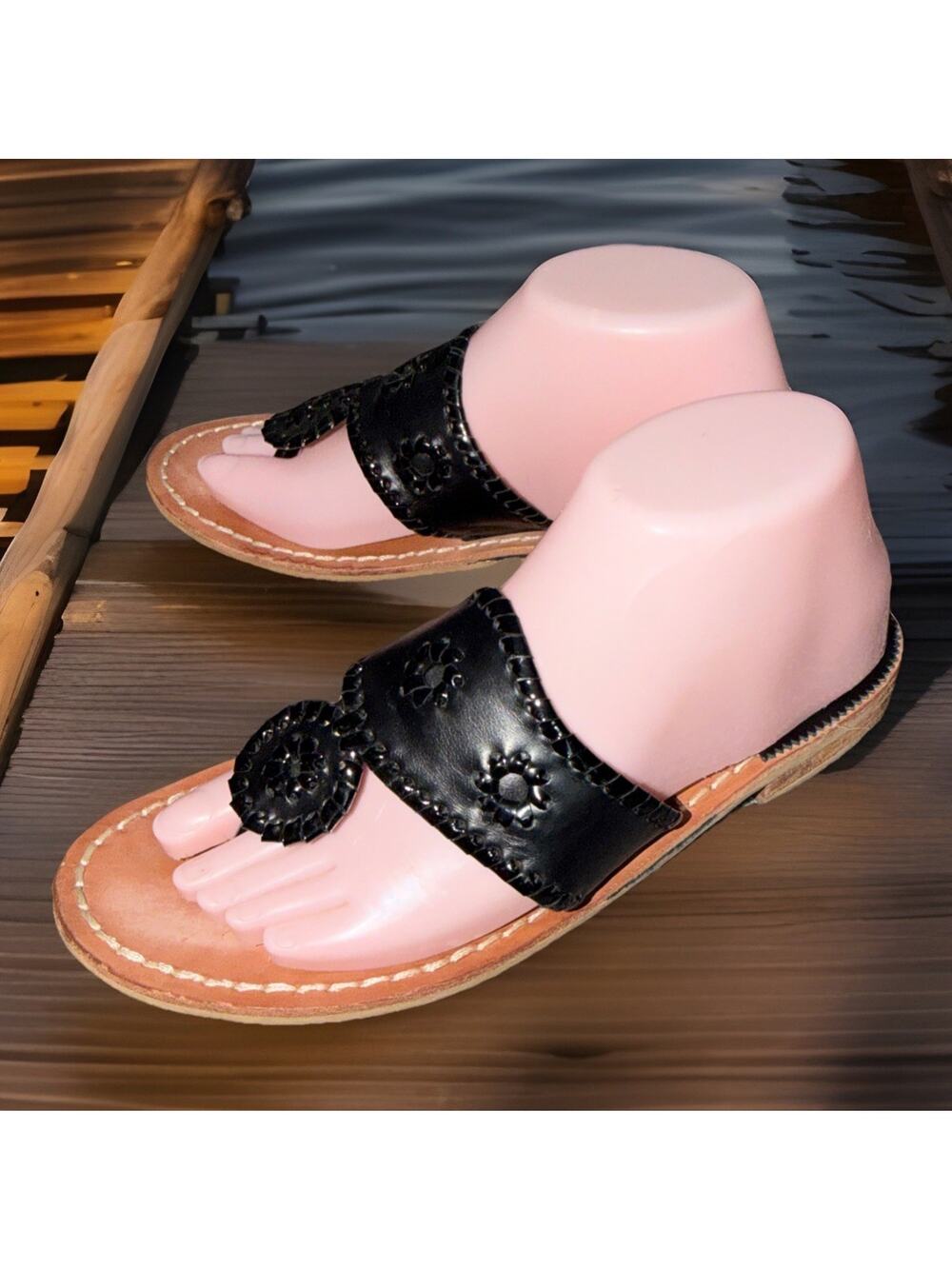 Womens Jack Rogers Navajo Black leather Flip Flop Sandals Sz 8 M
